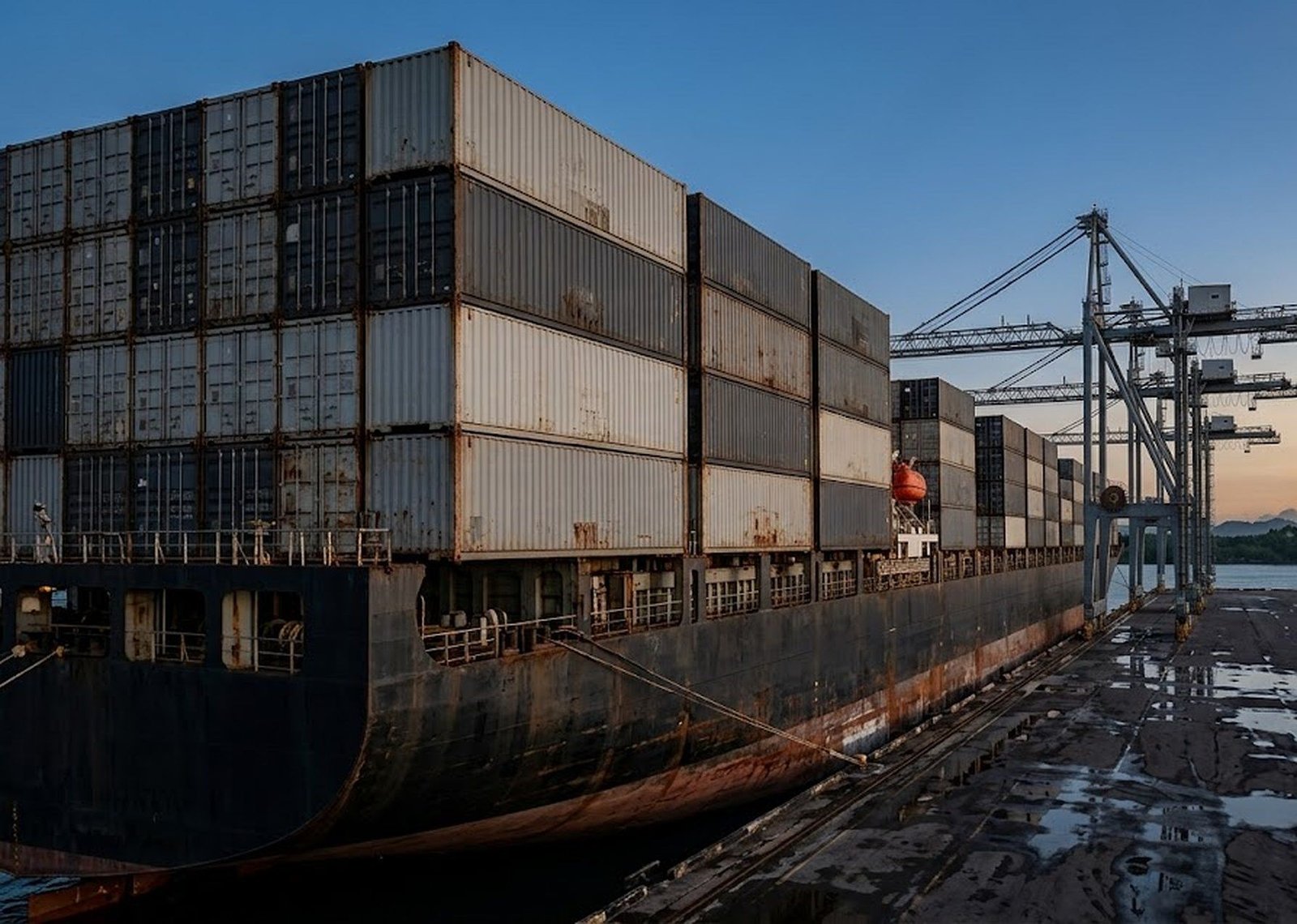 A container vessel working alongside the quay at blue hour.